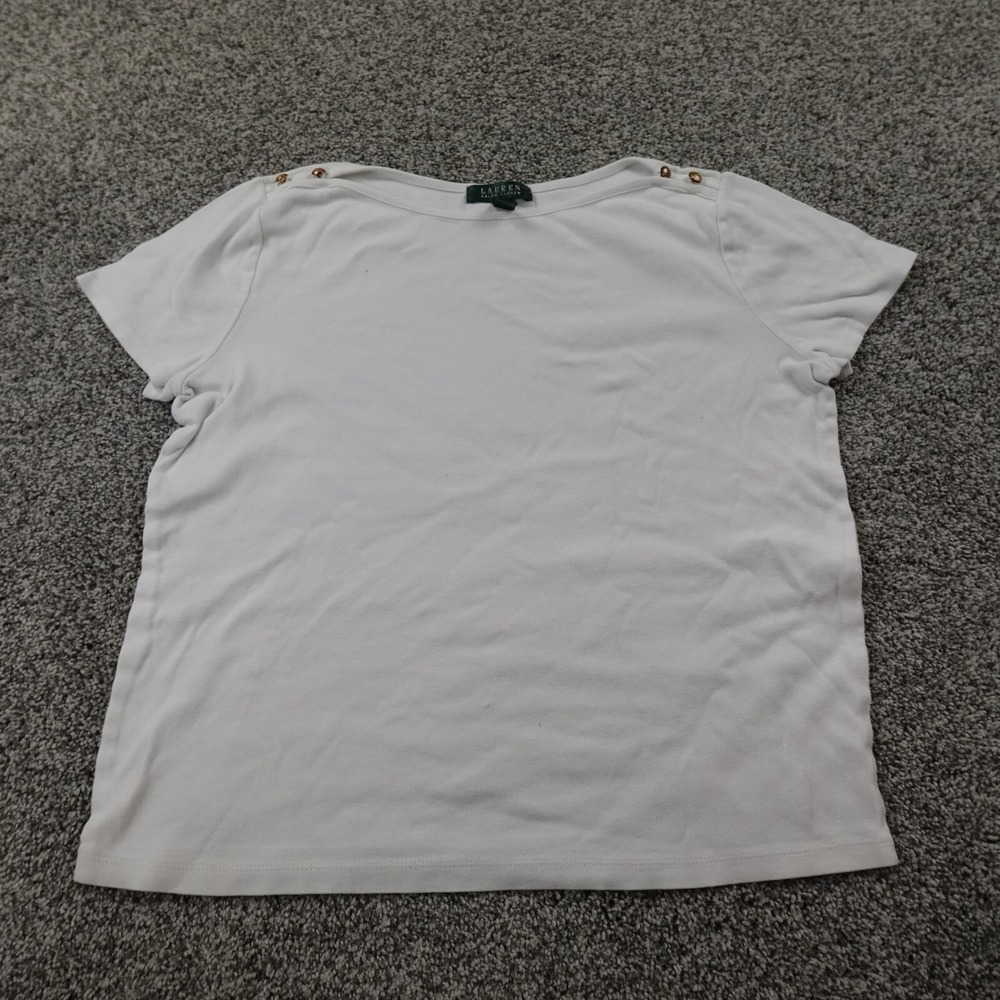 Ralph Lauren Shirt Womens‎ L White Gold Button Casual Preppy Short Sleeve LRL